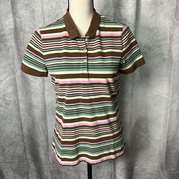 Eddie Bauer Tops - Eddie Bauer Aqua, Brown, Pink & Cream Striped Short Sleeve Polo - size Small